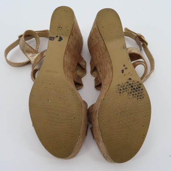 Stuart Weitzman Women 9M Gold Glitter Cork Platform Wedge Sandals Strappy Shoes - Picture 11 of 13